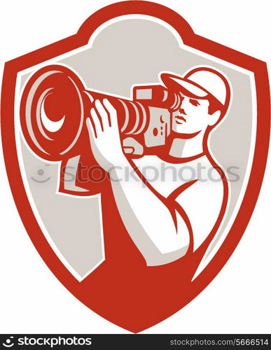 Illustration of a cameraman movie director holding vintage movie film camera on shoulder filiming set inside shield crest on isolated background done in retro style.. Cameraman Vintage Movie Camera Shield Retro