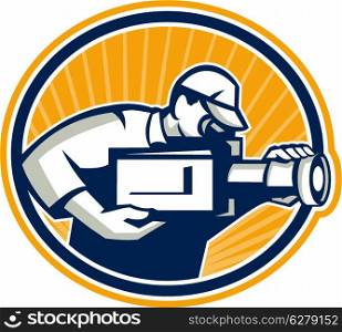 Illustration of a cameraman movie director shooting filming movie video camera viewed from side set inside oval done in retro style.. Cameraman Shooting Movie Video Camera Retro