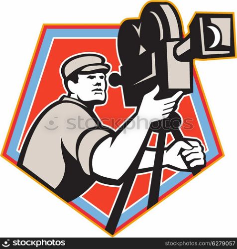 Illustration of a cameraman movie director shooting filming with vintage camera set inside shield crest done in retro style.. Cameraman Vintage Film Reel Camera Retro