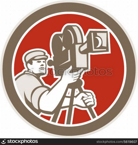Illustration of a cameraman movie director with vintage movie film camera set inside circle on isolated background done in retro style.. Cameraman Vintage Movie Camera Retro