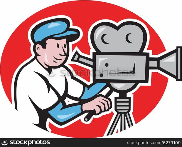 Illustration of a cameraman movie director with vintage movie film camera set viewed from side done in cartoon style.. Cameraman Vintage Movie Camera Retro