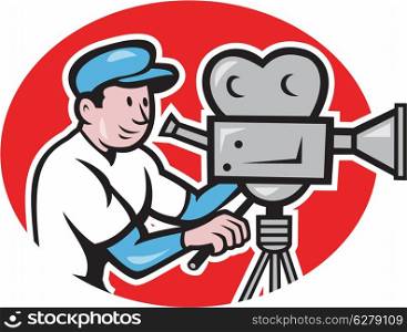 Illustration of a cameraman movie director with vintage movie film camera set viewed from side done in cartoon style.. Cameraman Vintage Movie Camera Retro