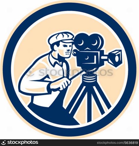 Illustration of a cameraman movie director with vintage movie film camera viewed from the side set inside circle on isolated background done in retro style.. Cameraman Vintage Film Camera Circle Retro