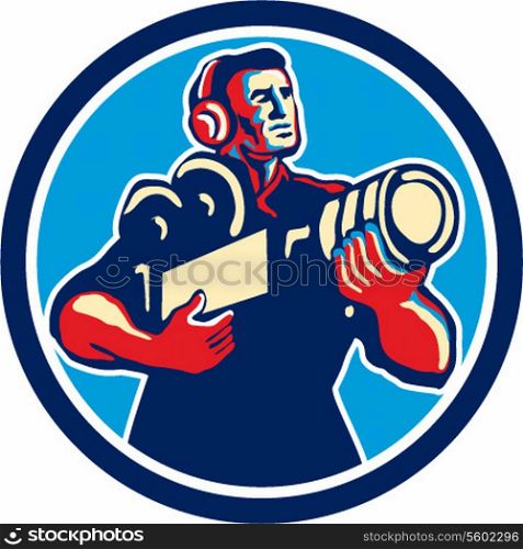 Illustration of a cameraman soundman movie director with headphones cradling holding vintage film movie camera set inside circle done in retro style.. Cameraman Cradling Vintage Camera Circle Retro