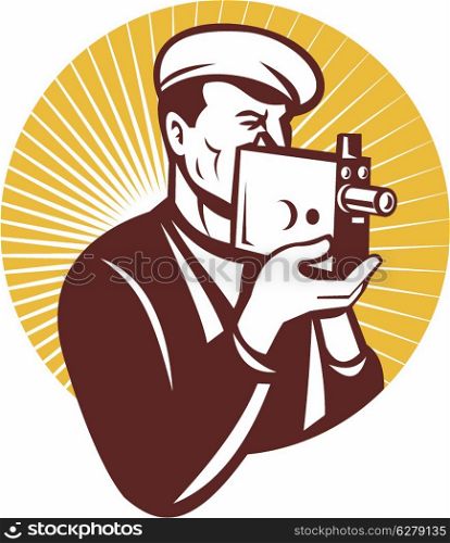 illustration of a Cameraman with vintage camera shooting side view done in the retro woodcut style set inside circle. Cameraman vintage camera front view