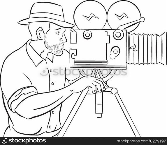 illustration of a Cameraman with vintage camera shooting side view done in the style of cartoon style isolated on white. Cameraman vintage movie film camera shooting