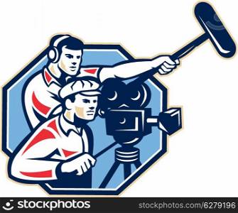 Illustration of a cameraman with vintage film movie camera and soundman worker with headphone holding a telescopic microphone boom done in retro style.. Cameraman Vintage Camera Soundman Boom Retro