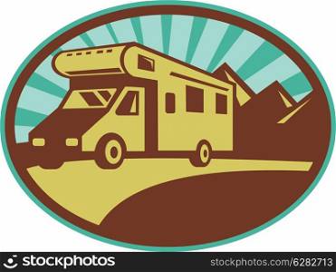 illustration of a Camper van traveling with mountains and sunburst in the background set inside an oval. . Camper van travel with mountains and sunburst