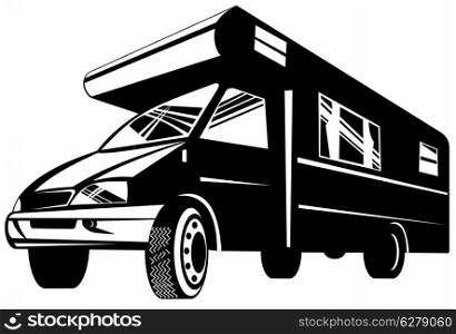 Illustration of a camper van viewed from a low angle done in retro style.