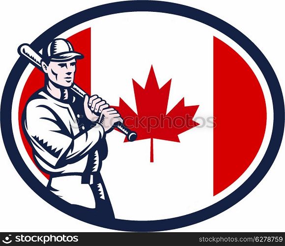 Illustration of a Canadian baseball player batter hitter holding bat on shoulder set inside oval shape with Canada maple leaf flag done in retro woodcut style isolated on white background.. Canadian Baseball Batter Canada Flag Retro