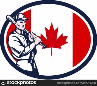 Illustration of a Canadian baseball player batter hitter holding bat on shoulder set inside oval shape with Canada maple leaf flag done in retro woodcut style isolated on white background.. Canadian Baseball Batter Canada Flag Retro