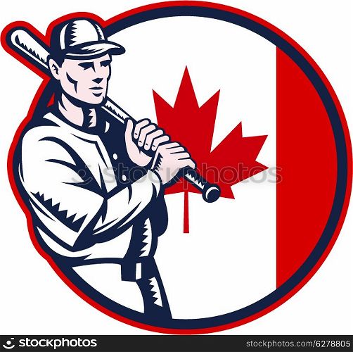 Illustration of a Canadian baseball player batter hitter holding bat on shoulder set inside circle with Canada maple leaf flag done in retro woodcut style isolated on white background.. Canadian Baseball Batter Canada Flag Circle