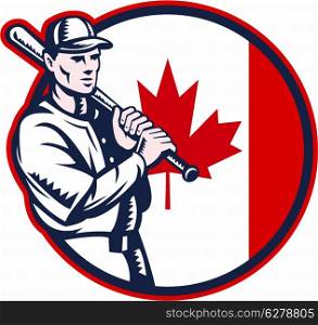 Illustration of a Canadian baseball player batter hitter holding bat on shoulder set inside circle with Canada maple leaf flag done in retro woodcut style isolated on white background.. Canadian Baseball Batter Canada Flag Circle