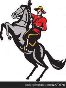 Illustration of a Canadian Mounted Police Mountie riding a prancing horse on isolated white background done in retro woodcut style.&#xA;&#xA;