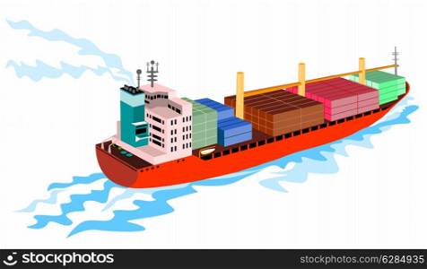 illustration of a cargo container ship done in retro style