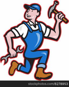 Illustration of a carpenter builder construction worker with hammer in one hand and spanner wrench in the other running looking on isolated white background done in cartoon style.. Carpenter Builder Hammer Running Cartoon