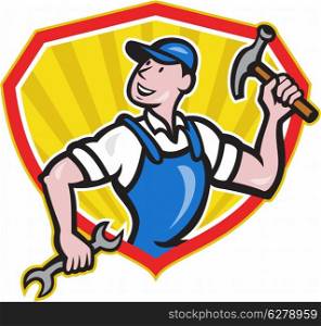 Illustration of a carpenter builder construction worker with hammer in one hand and spanner wrench in the other looking to side set inside shield done in cartoon style.. Carpenter Builder Hammer Spanner Cartoon