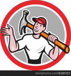 Illustration of a carpenter builder construction worker with hammer in one hand and spanner wrench in the other looking to side set inside shield done in cartoon style.. Carpenter Builder Hammer Circle Cartoon
