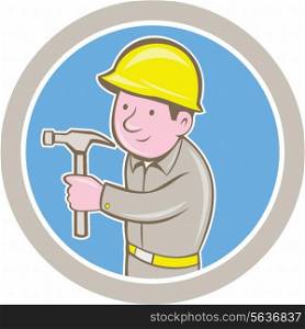 Illustration of a carpenter builder construction worker with hammer looking to side set inside circle on isolated background done in cartoon style.. Carpenter Builder Hammer Circle Cartoon