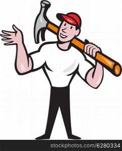 Illustration of a carpenter builder construction worker with hammer looking to side set inside circle done in cartoon style.. Carpenter Builder Hammer Cartoon