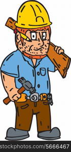 Illustration of a carpenter builder construction worker with pencil on ear holding hammer and wood plank on shoulder on isolated white background done in cartoon style.. Carpenter Builder Hammer Wood Plank Cartoon