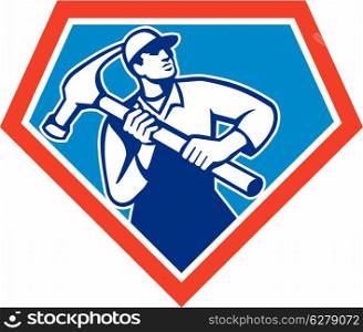 Illustration of a carpenter builder handyman carrying a giant hammer set inside shield crest shape on isolated background done in retro style.&#xA;