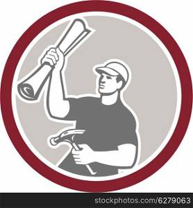 Illustration of a carpenter builder holding hammer and building plan set inside circle shape on isolated background.&#xA;