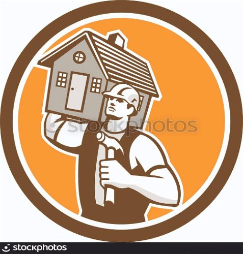 Illustration of a carpenter builder holding hammer and carrying house on shoulder set inside circle on isolated background done in retro style. &#xA;