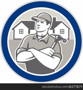 Illustration of a carpenter builder holding hammer with residentail houses set inside circle on isolated background.&#xA;