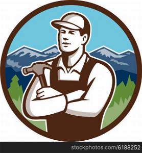 Illustration of a carpenter builder wearing hat holding hammer with arms crossed looking to the side viewed from front set inside circle with mountains in the background done in retro style. &#xA;