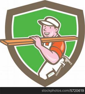 Illustration of a carpenter builder with hammer carrying timber wood on shoulder set inside shield crest on isolated background done in cartoon style. &#xA;