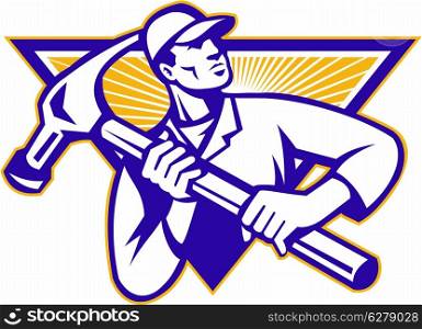 Illustration of a carpenter construction worker wearing hat with hammer set inside triangle done in retro woodcut style.&#xA;