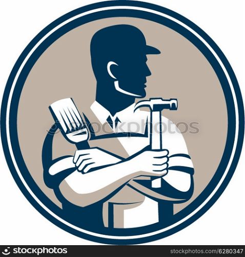 Illustration of a carpenter holding hammer and paint brush looking to side set inside circle on isolated background done in retro style.&#xA;
