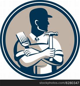 Illustration of a carpenter holding hammer and paint brush looking to side set inside circle on isolated background done in retro style.&#xA;