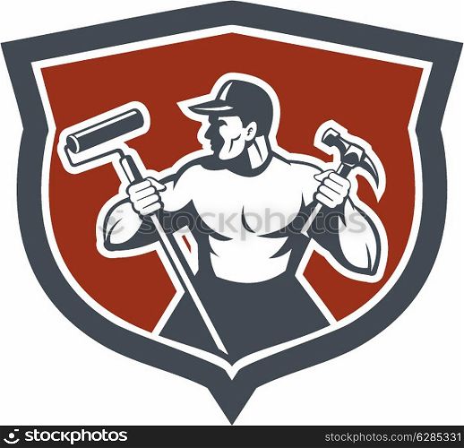 Illustration of a carpenter holding hammer and paint roller looking to side set inside shield crest on isolated background done in retro style.&#xA;