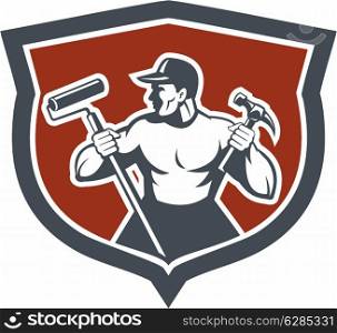 Illustration of a carpenter holding hammer and paint roller looking to side set inside shield crest on isolated background done in retro style.&#xA;