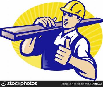 Illustration of a carpenter lumberyard worker carrying plank of wood timber with thumbs up done in retro style. Carpenter Builder Worker Thumbs Up