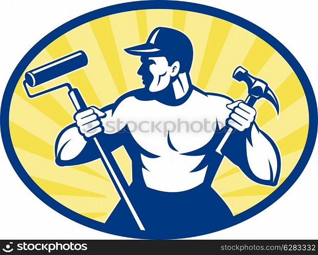 illustration of a carpenter painter with paint roller and hammer set inside ellipse retro style. carpenter painter with paint roller and hammer