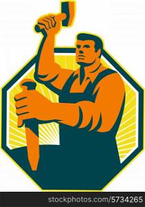 Illustration of a carpenter sculptor worker with hammer striking chisel set inside octagon done in retro style.