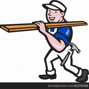 Illustration of a carpenter tradesman construction worker carrying timber lumber wood on shoulder walking on isolated white background done in cartoon style.. Carpenter Worker Carrying Timber Cartoon