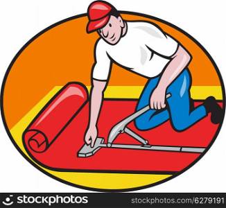 Illustration of a carpet layer fitter laying down carpet fitter worker done in cartoon style set inside oval on isolated white background.