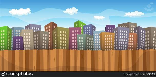 Illustration of a cartoon big cityscape background with various colored buildings, wooden fence foreground and sky and cloudscape behind. Summer Or Spring Cityscape Background