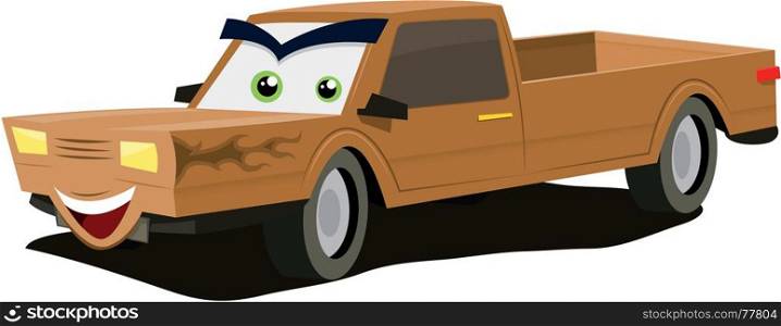 Illustration of a cartoon brown pick-up car character with flames tattoo. Cartoon Pick-up Character