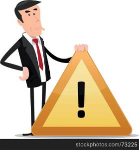 Illustration of a cartoon businessman holding warning sign, for error 404 or websites bug communication message. Businessman Warning Sign