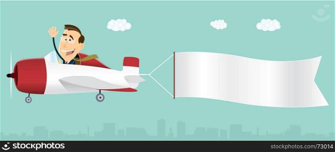 Illustration of a cartoon businessman piloting an airplane and pulling a banner for your text message. Banner Advertising Airplane