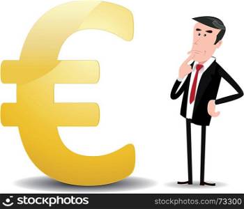 Illustration of a cartoon businessman trader worrying about what will happen in the future for euro's currency. Which Future For Euro Currency ?