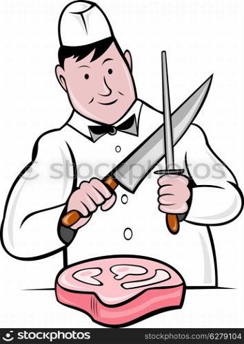 illustration of a cartoon butcher cutter with knife sharpening and cut of meat isolated on white. cartoon butcher knife sharpening meat