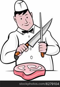 illustration of a cartoon butcher cutter with knife sharpening and cut of meat isolated on white. cartoon butcher knife sharpening meat