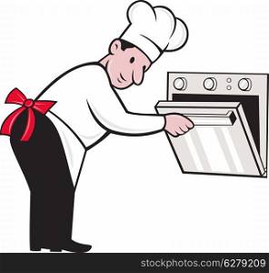 Illustration of a cartoon chef baker cook opening an oven on isolated white background.&#xA;