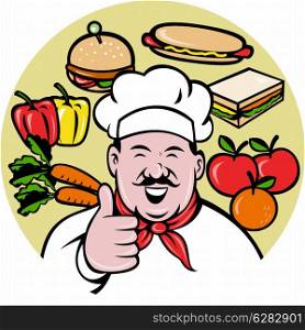 illustration of a Cartoon Chef cook baker with mustache thumbs up facing front view with fruit vegetable food sandwich apple orange capsicum carrots hotdog hamburger in background. Chef cook baker thumbs up fruit sandwich food